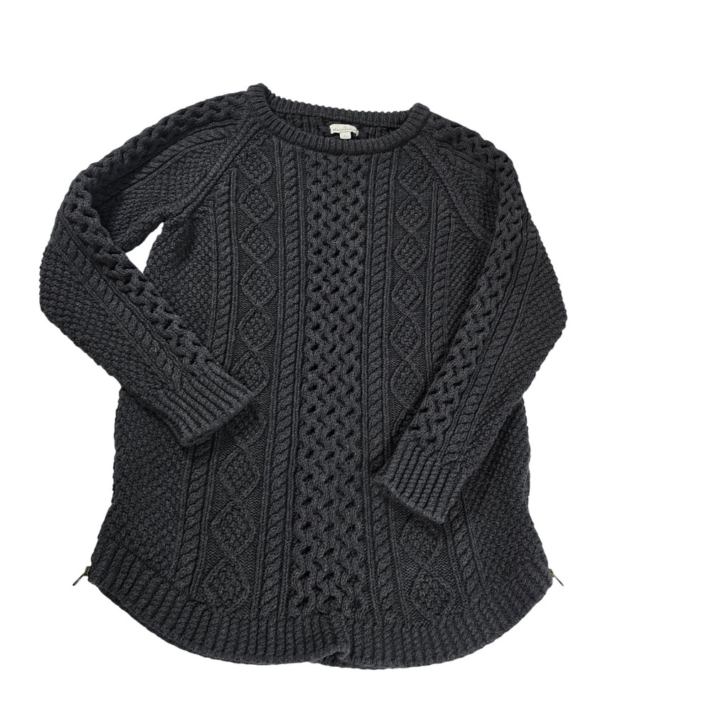 LL Bean Signature Gray‎ Cable Knit Cotton Sweater Side Zip Tunic 297470 Womens L
